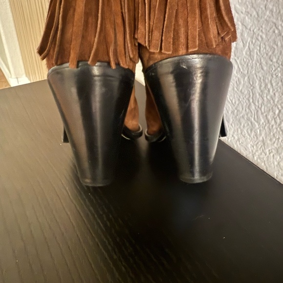 Saint Laurent Brown Fringe Suede Heeled Boots - Picture 8 of 12